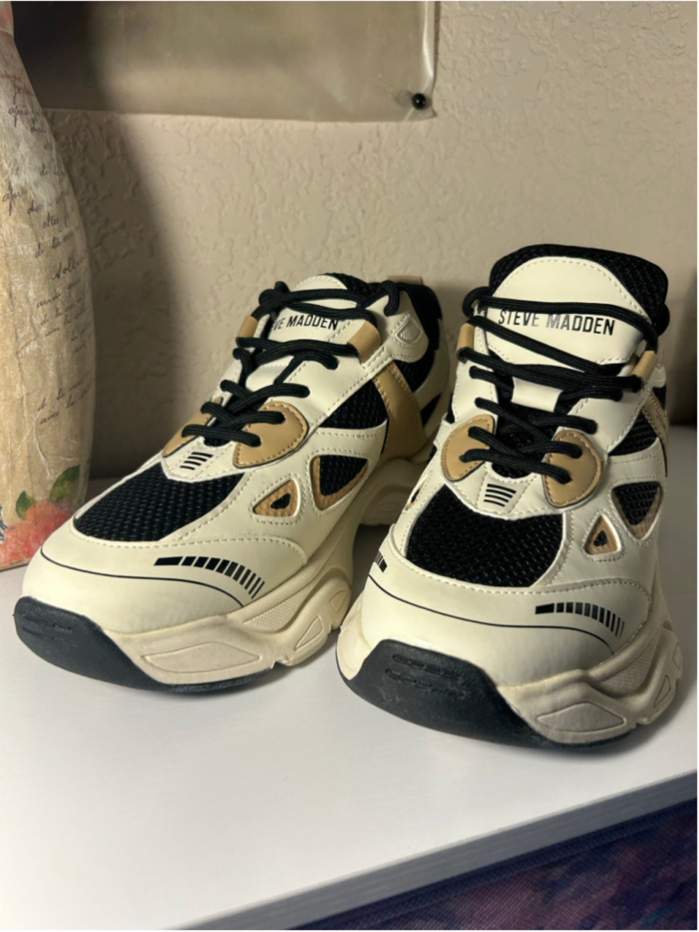 Women's Steve Madden Chunky Sneakers Beige and Black - Picture 3 of 8